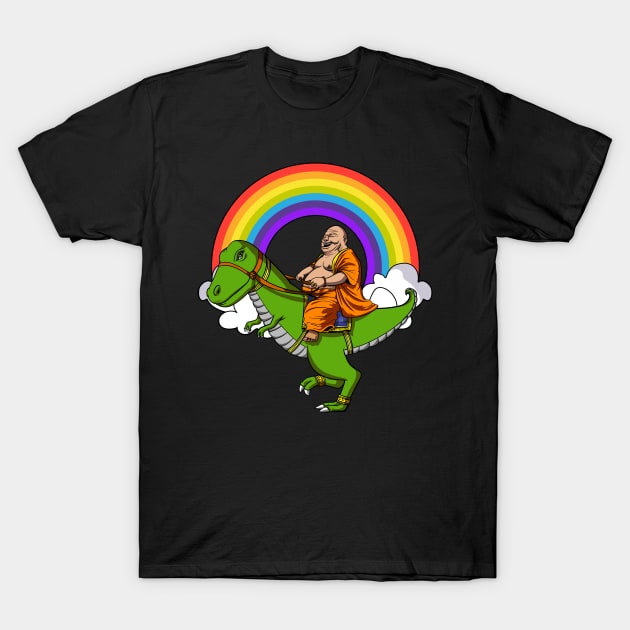 Buddha Riding T-Rex Dinosaur T-Shirt by underheaven